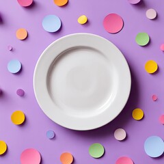 White plate on a vibrant purple background with colorful scattered dots.