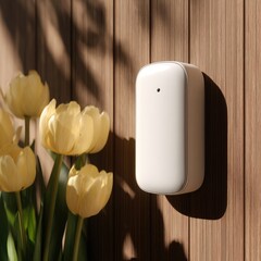Modern smart home sensor device mounted on a wooden wall with yellow tulips.