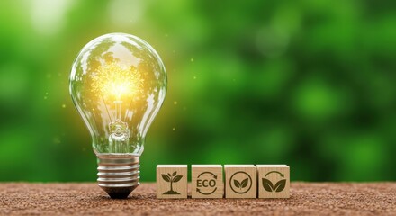 Innovative green energy concept with a glowing light bulb and wooden blocks with environmental symbols, representing sustainable solutions and ecological conservation