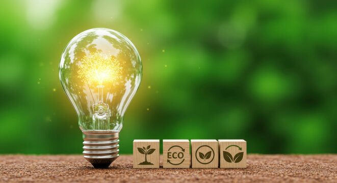 Innovative green energy concept with a glowing light bulb and wooden blocks with environmental symbols, representing sustainable solutions and ecological conservation - Powered by Adobe