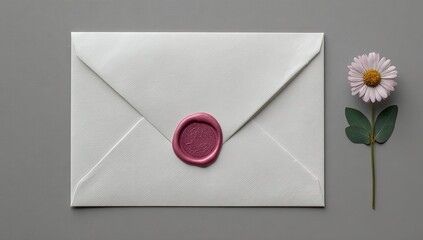 Elegant white envelope sealed with pink wax and a delicate daisy flower.