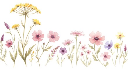 Watercolor Wildflowers Delicate Floral Border Isolated on White
