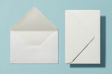 White Envelope And Card On Light Blue Background Minimalist Stationery.