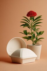 Minimalist still life composition featuring a potted plant with a red flower and organic shaped containers.
