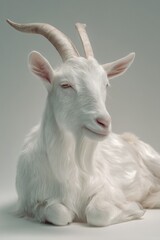 Peaceful white goat resting calmly with eyes closed in studio.
