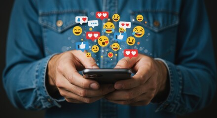 Exploring the world of social media engagement, a user interacts with a smartphone, surrounded by a cloud of digital emotion icons