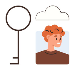Key symbol, cloud shape, and profile of a smiling person representing data safety, access, and personal identity. Ideal for security, technology, privacy, identification data access cloud