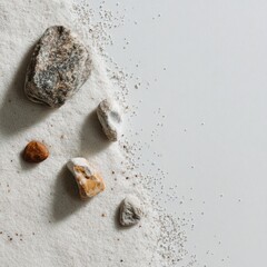 Natural stones and gravel scattered on a textured surface overhead view.