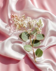Elegant floral sprig with eucalyptus leaves on soft pink silk fabric.