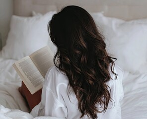 Woman reading a book in a cozy white bed.