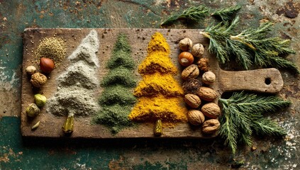 Festive Christmas Tree Spice Arrangement on Rustic Board.