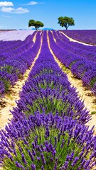 Naklejka premium Lavender field rows leading to two trees under a vibrant sky