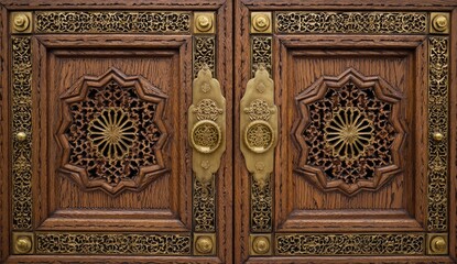 Ornate Antique Wooden Door with Intricate Geometric Carvings and Brass Hardware.
