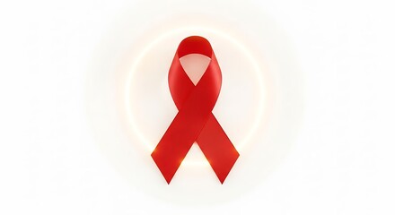 A bright red ribbon, a symbol of AIDS awareness, is displayed prominently against a soft white background with a subtle glowing halo.