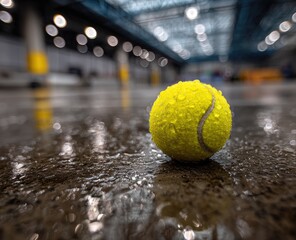 Yellow tennis ball with water droplets on a wet reflective floor.