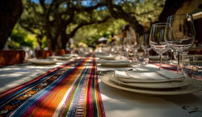 Elegant Outdoor Dining Table Setting Under Lush Green Trees.