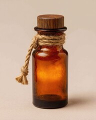 Small amber glass bottle with wooden cap and rustic twine detail.