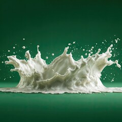 Dynamic White Liquid Splash Frozen Mid-Air Against Green Background.