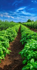 Lush Green Basil Field Rows Under A Vibrant Blue Sky With Wispy Clouds.