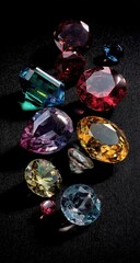 Assorted Faceted Gemstones Collection Vibrant Colors Dark Background.