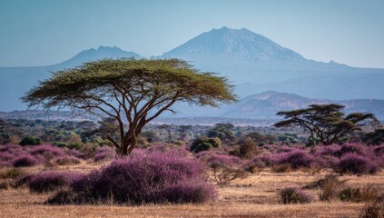 Vast African savanna landscape with acacia trees and distant mountains.