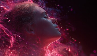 Serene Woman Face Surrounded by Ethereal Pink and Purple Light Effects.