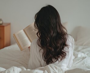 Young woman with long dark hair reading a book in a cozy white bed.