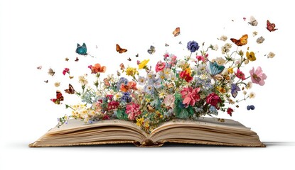 Enchanting Open Book Unleashes Vibrant Flowers and Butterflies in Magical Bloom.