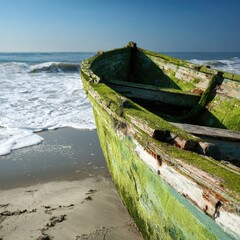 Abandoned wooden boat covered in green moss on a sandy beach with ocean waves.