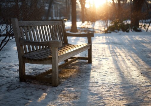 Empty wooden park bench in serene snowy landscape during golden hour sunset.