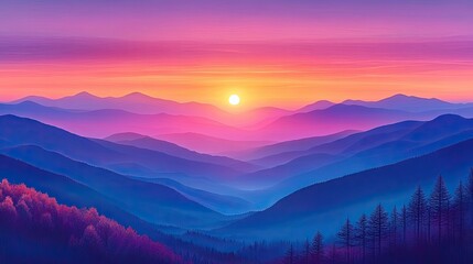 Fototapeta premium Vibrant sunset over a layered mountain range showcasing serene beauty and colorful sky