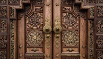 Exquisite Ornate Wooden Door with Intricate Carvings and Brass Knobs.