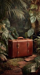 Vintage leather suitcase abandoned in a dense tropical jungle adventure.