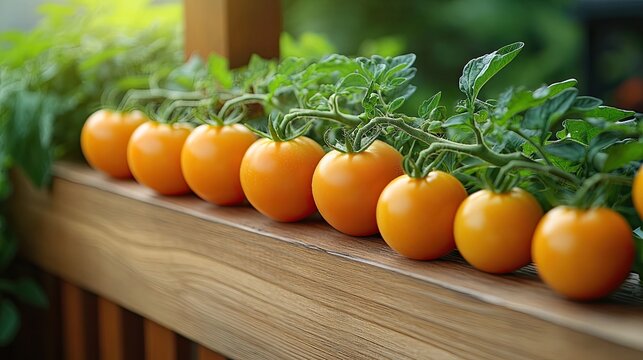 Vibrant yellow tomatoes on a wooden surface illuminated by natural light creating a garden freshness