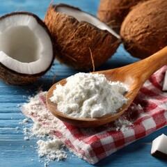 Fresh Coconuts and White Coconut Flour Ingredient on Blue Wooden Surface.