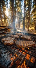 Juicy steaks cooking on an open fire grill in a forest setting.