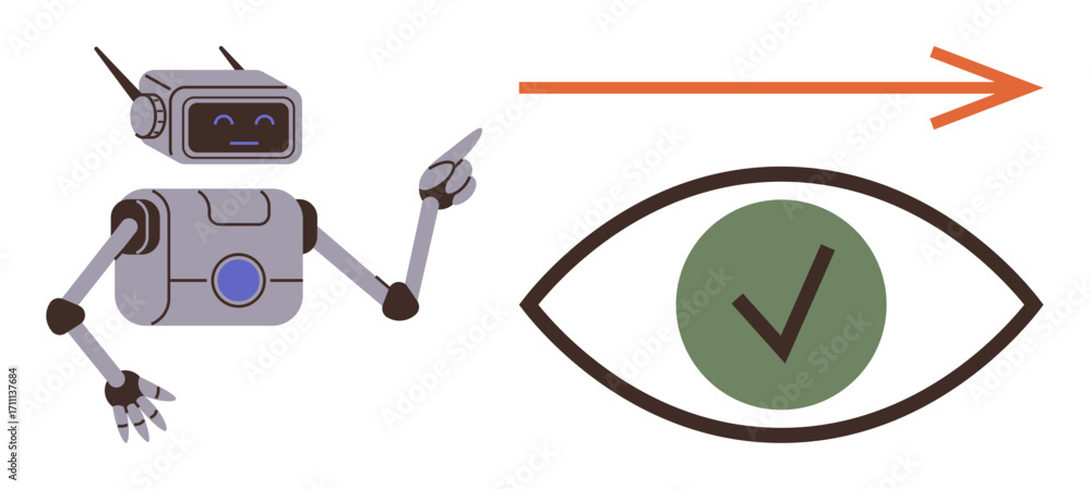 Poster robot gesturing to an eye graphic with a green checkmark, emphasizing precision, ai focus, validatio