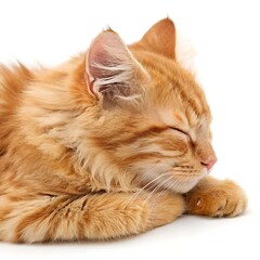 Portrait of a sleepy ginger tabby cat resting peacefully on a white background
