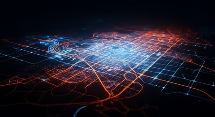 Abstract technology background of a glowing digital city grid with network data streams and urban infrastructure
