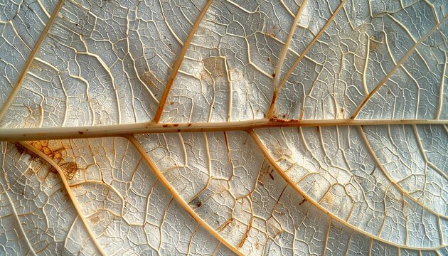 A macro ultra hyper realistic shot of the intricate, veiny pattern of a skeleton leaf.