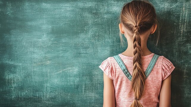 Young girl with a braid standing in front of a green chalkboard in a classroom environment