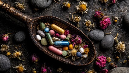 Assortment of colorful pills capsules and dried herbs in vintage scoop.