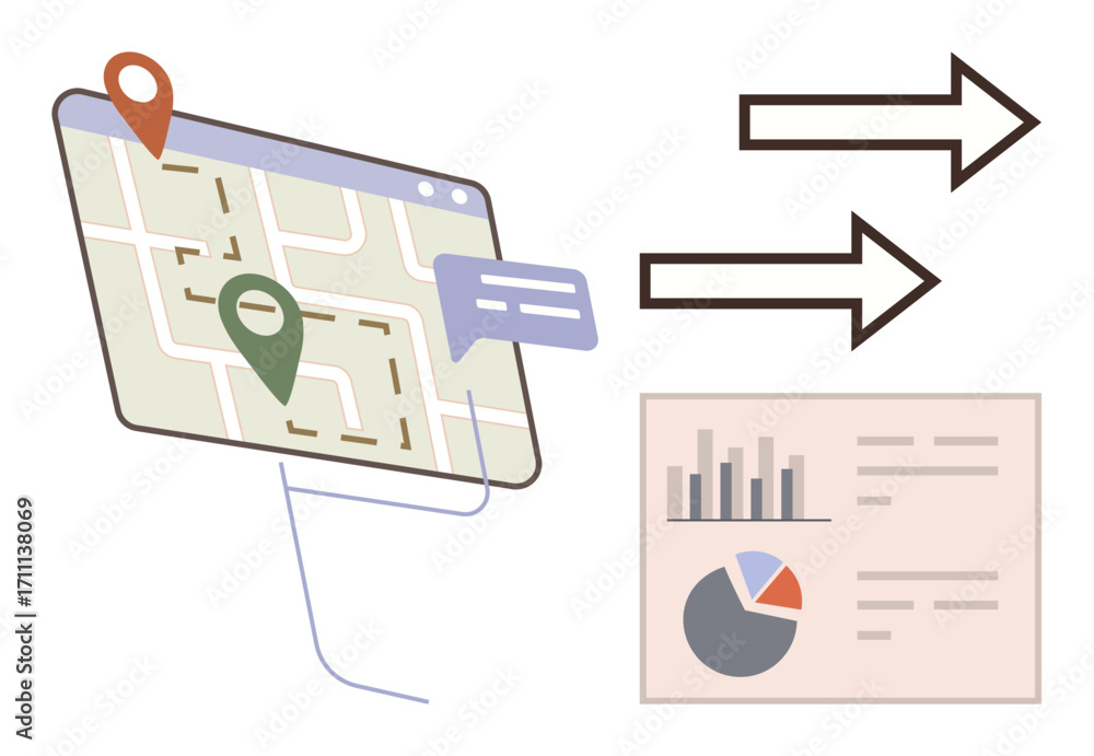 Poster map with location pins and path, speech bubble, arrows, and data charts. ideal for navigation, logis