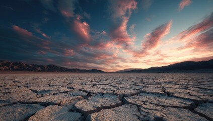 Dramatic Sunset Over Vast Cracked Earth Landscape.