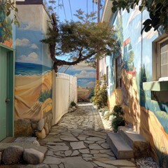 Artistic alleyway decorated with vibrant beach murals and flagstone path.