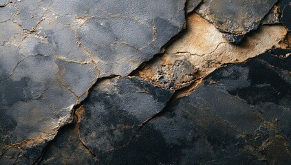 Close up view of dark slate rock layers with rough texture and deep cracks.