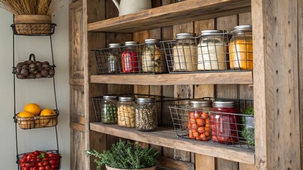 Wooden pantry shelves with jars and wire baskets filled with food