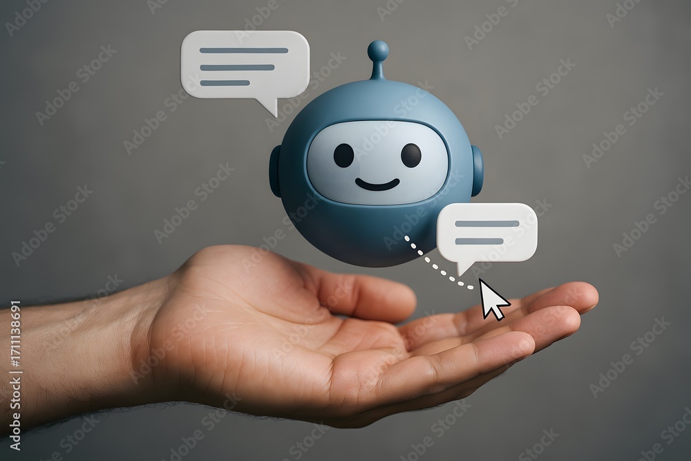 Poster a friendly ai chatbot floating above a human hand with speech bubbles.