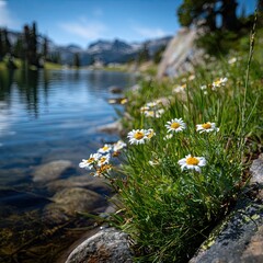 Wild daisies bloom beside a serene mountain lake on a sunny day.