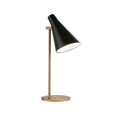 Modern minimalist table lamp with black cone shade and gold stand. PNG Transparent